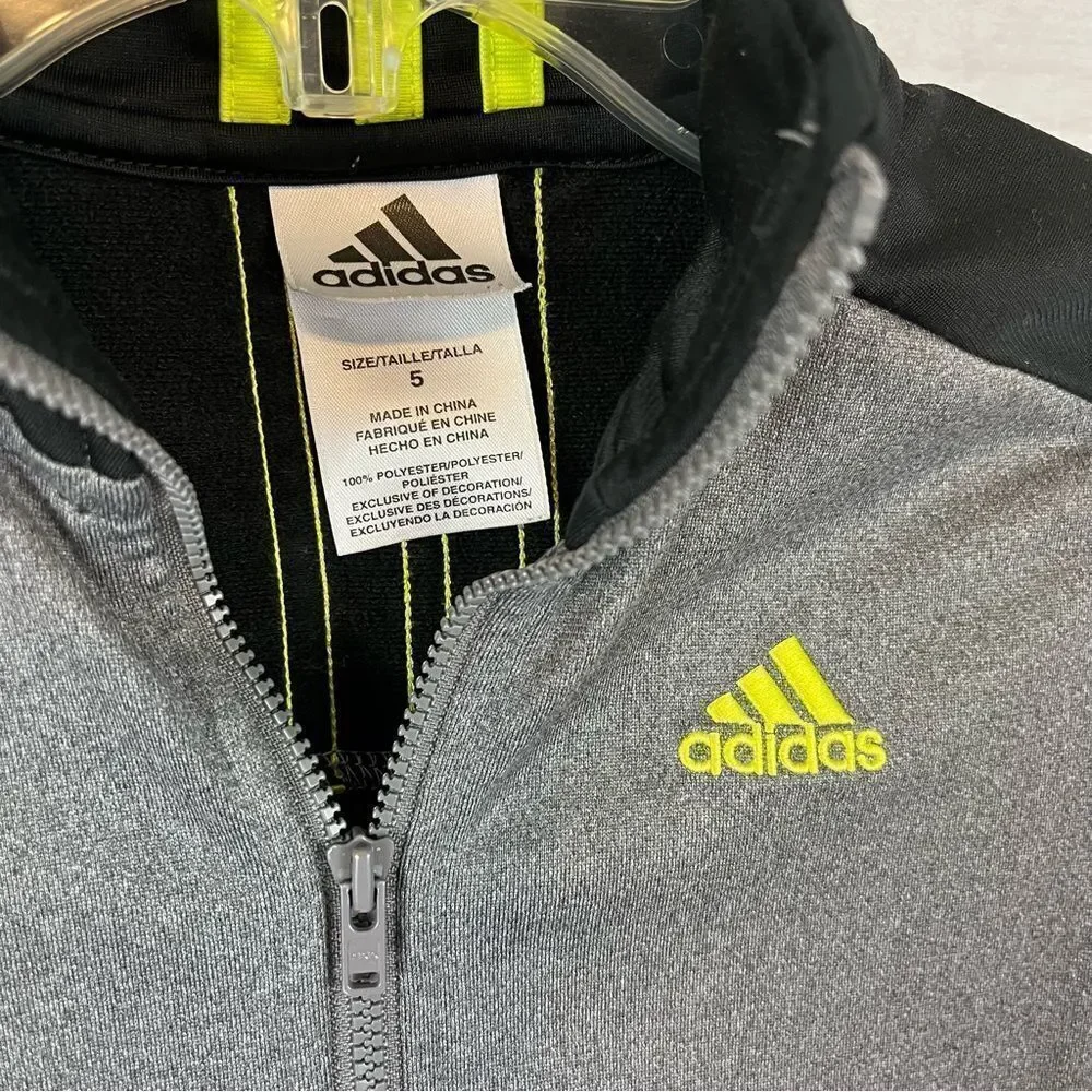 Boys Adidas Fleece Zip Up Gray, Black & Neon Green Track Jacket Small Pockets